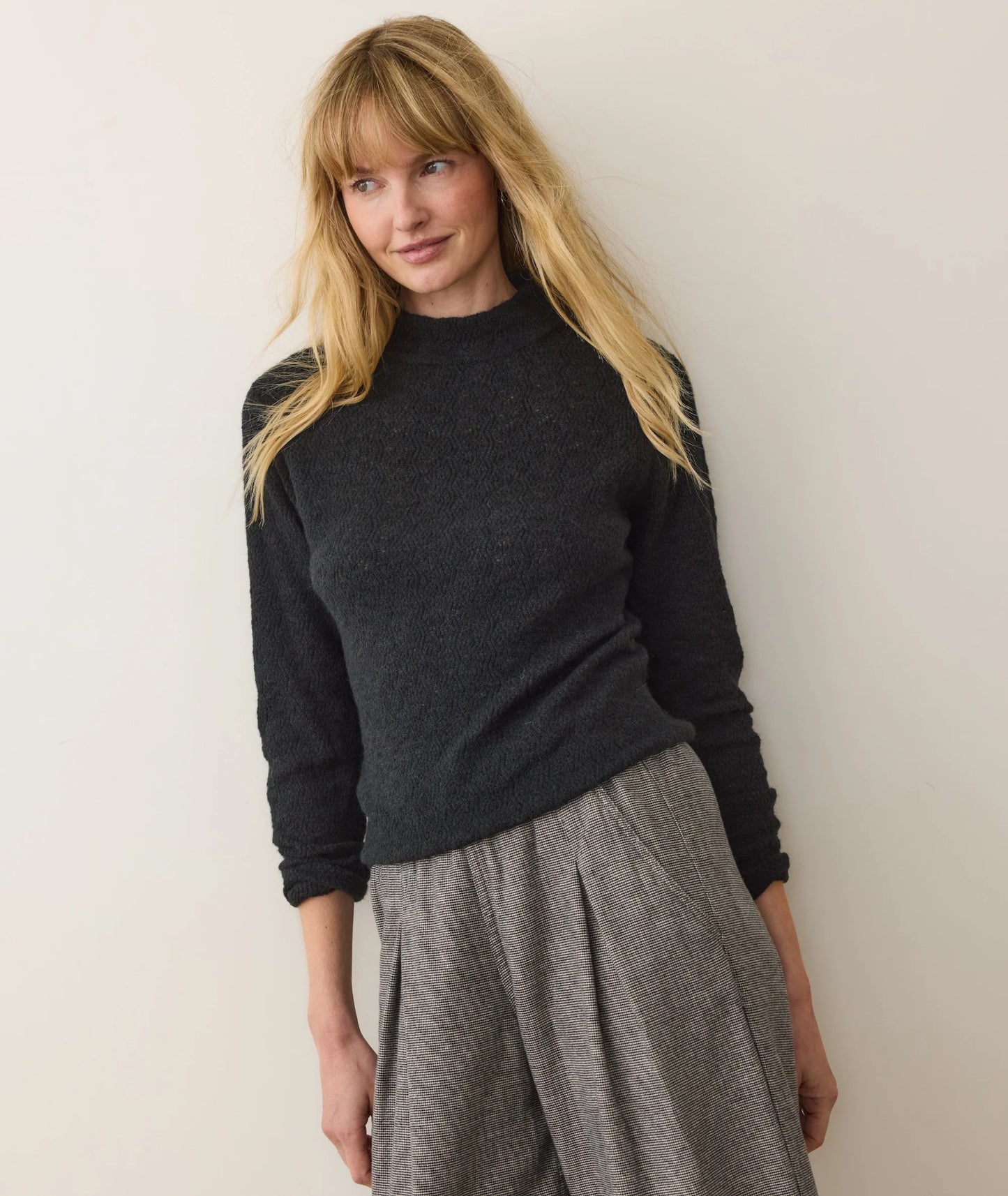 Lucia Pointelle Mock Neck Sweater - Black