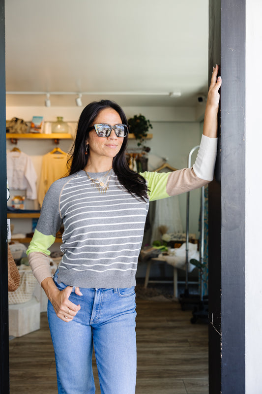 Breton Striped V-Neck Sweater - Gray Green