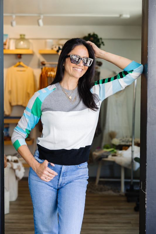 Color Block Sweater - Gray Green Stripe