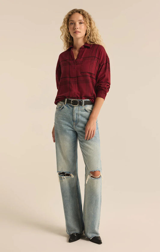 River Plaid Button Up - Red Dahlia