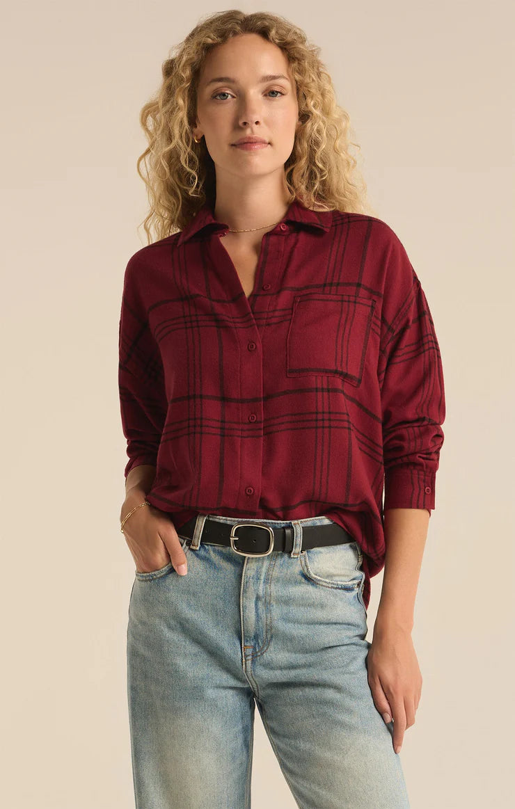 River Plaid Button Up - Red Dahlia