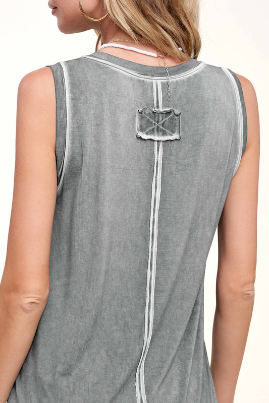 Gray sleeveless top with a decorative back detail on a white background