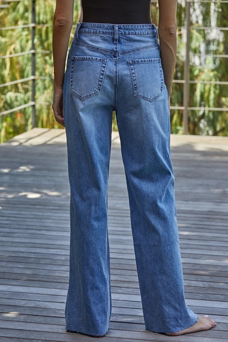 Woven Denim Wide Leg Jeans - Medium Wash