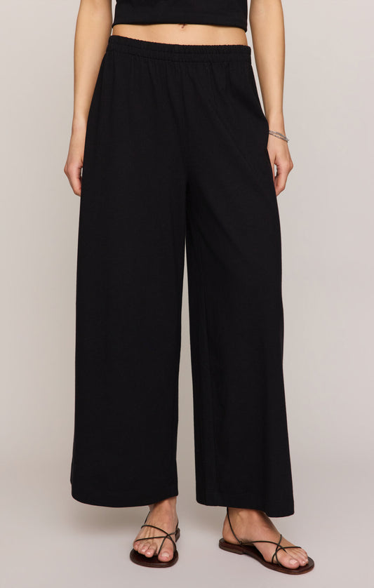 Person wearing black wide-leg pants on a plain background