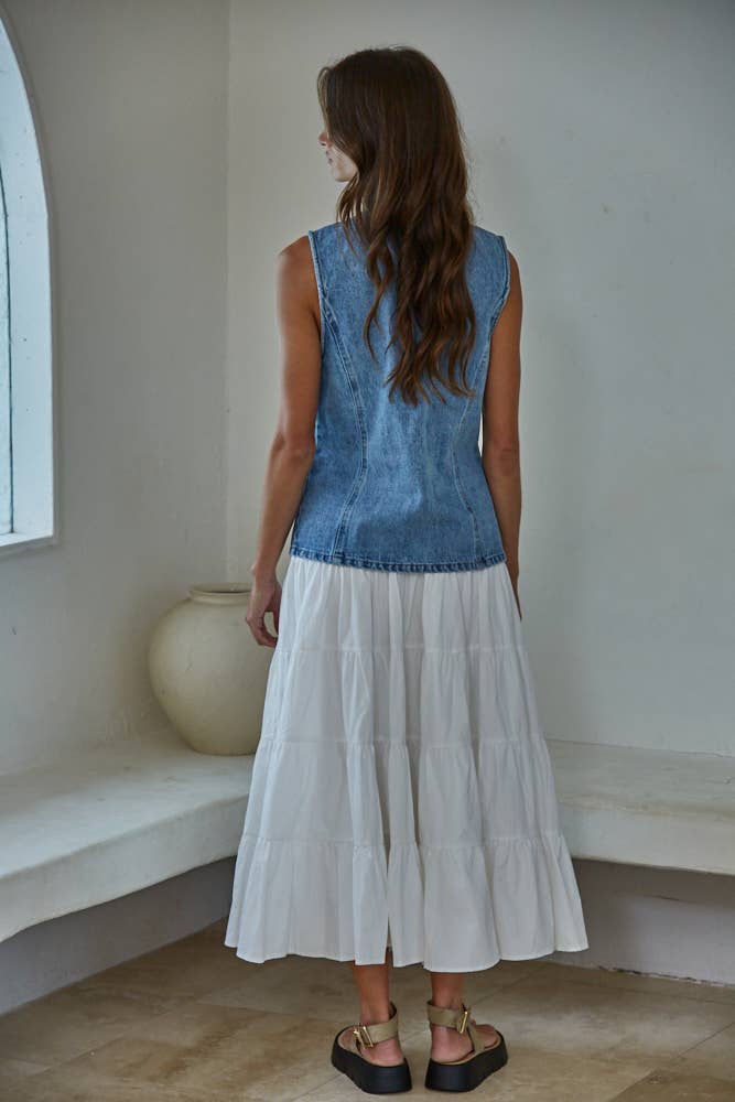 Cotton Button Down Vest Top - Denim