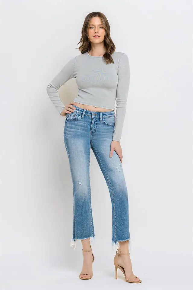 Sunrise Mid Rise Frayed Hem Ankle Bootcut Jeans