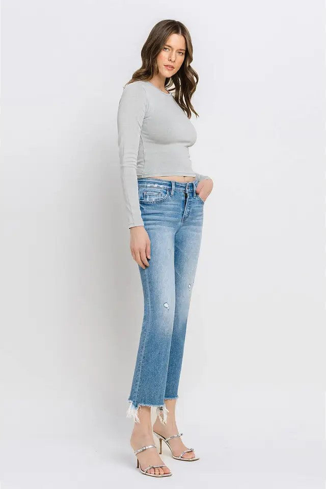 Sunrise Mid Rise Frayed Hem Ankle Bootcut Jeans