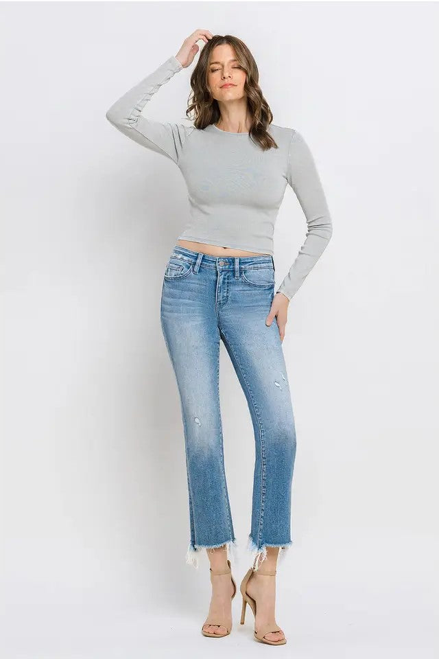 Sunrise Mid Rise Frayed Hem Ankle Bootcut Jeans