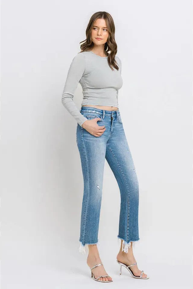 Sunrise Mid Rise Frayed Hem Ankle Bootcut Jeans