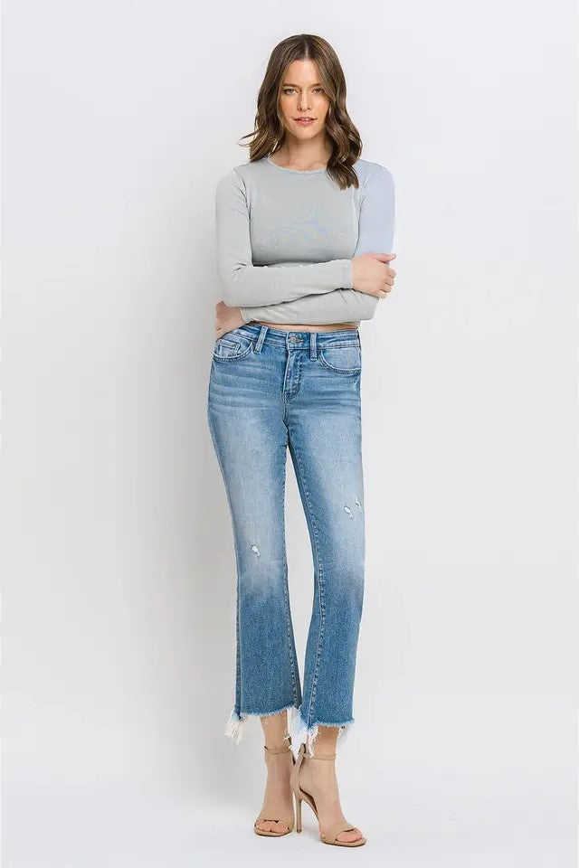 Sunrise Mid Rise Frayed Hem Ankle Bootcut Jeans