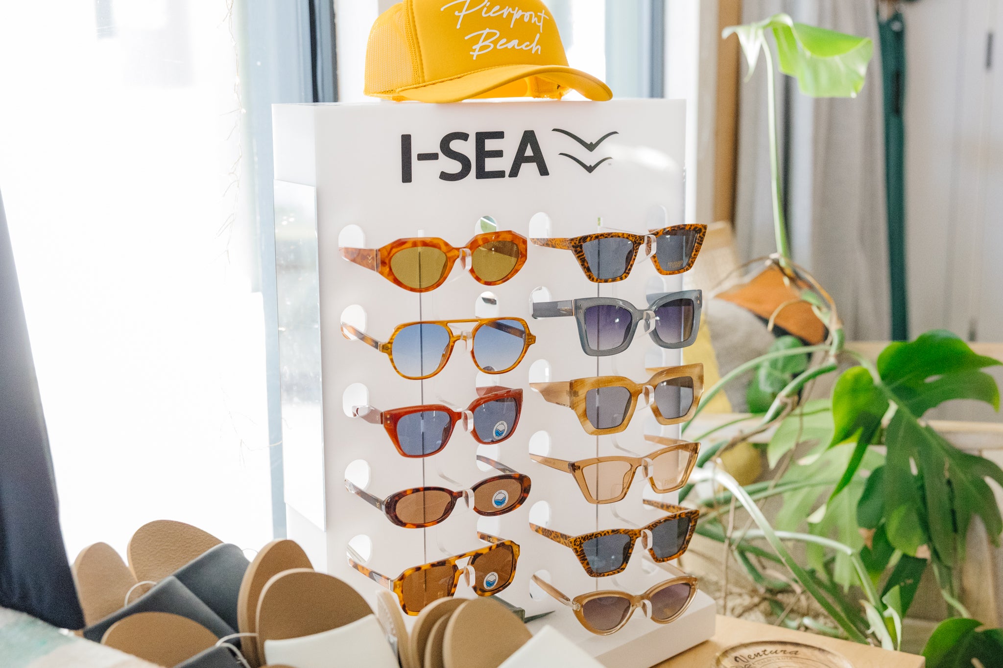 Display of sunglasses with 'I-SEA' branding in a room with curtains and plants.