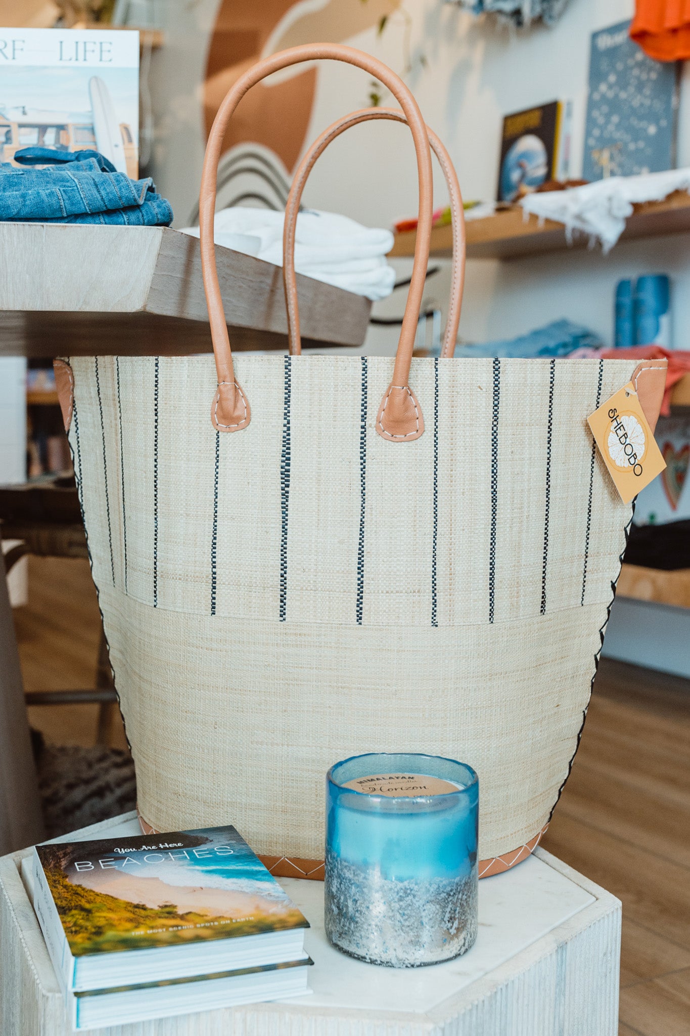 Santa Cruz Two Tone Pinstripe Straw Tote Bag (Natural)