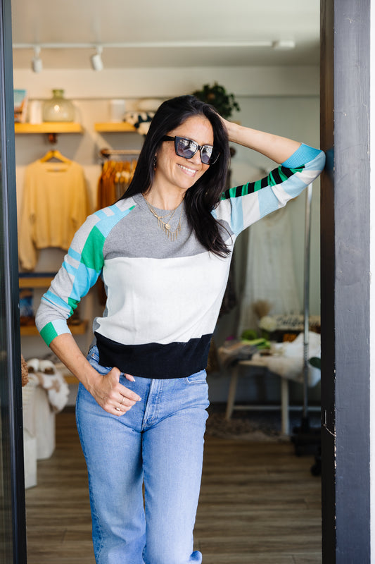 Color Block Sweater - Gray Green Stripe