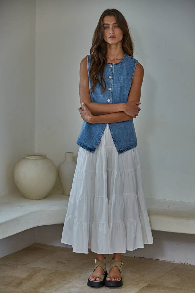 Cotton Button Down Vest Top - Denim
