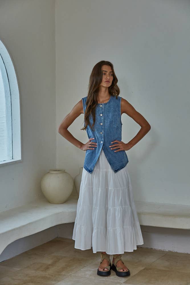 Cotton Button Down Vest Top - Denim