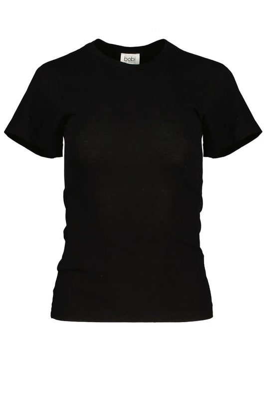 A black short-sleeve crewneck t-shirt with a fitted silhouette, shown on a plain white background.