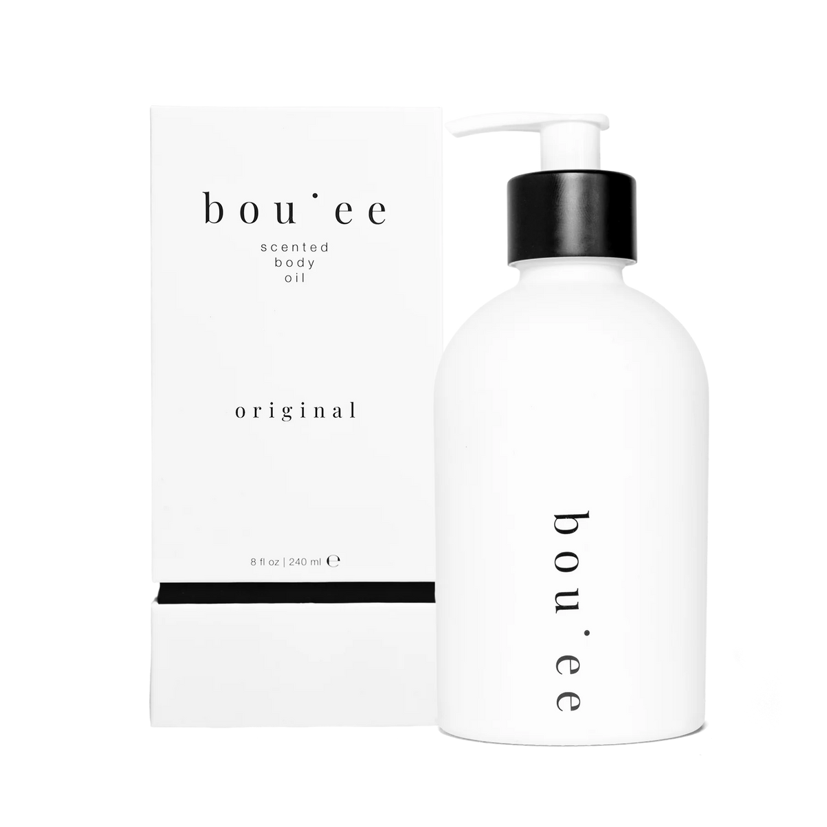 Container with pump of body oil labeled 'boujee' on a white background.