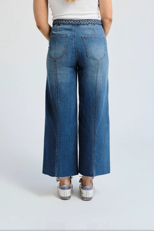 Person wearing denim jeans facing backward.