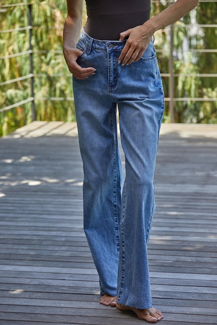 Woven Denim Wide Leg Jeans - Medium Wash