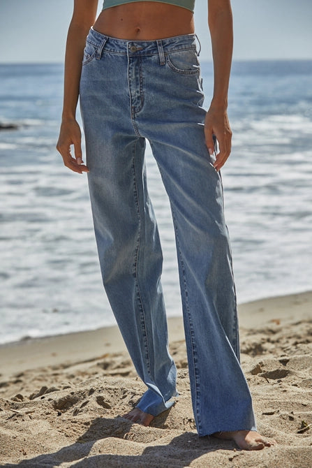 Woven Denim Wide Leg Jeans - Medium Wash