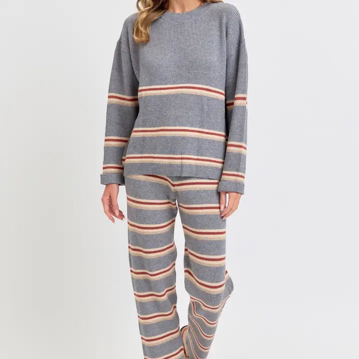 Cozy Striped Knit Pullover Sweater - Heather Grey