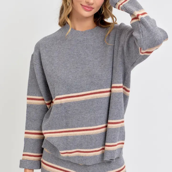 Cozy Striped Knit Pullover Sweater - Heather Grey