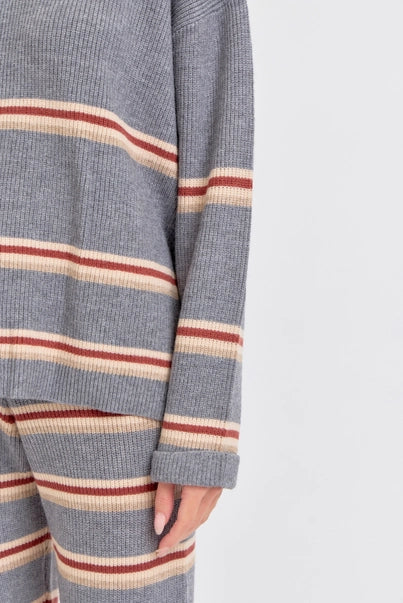 Cozy Striped Knit Pullover Sweater - Heather Grey