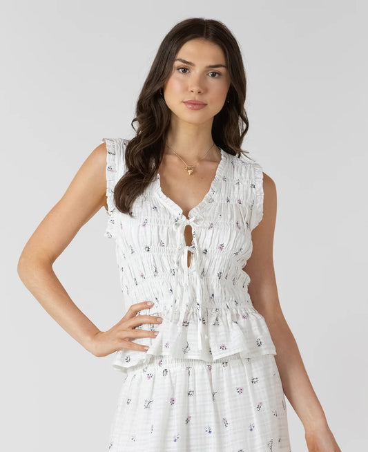 Tie Front Ruched Tank - Dainty Roses
