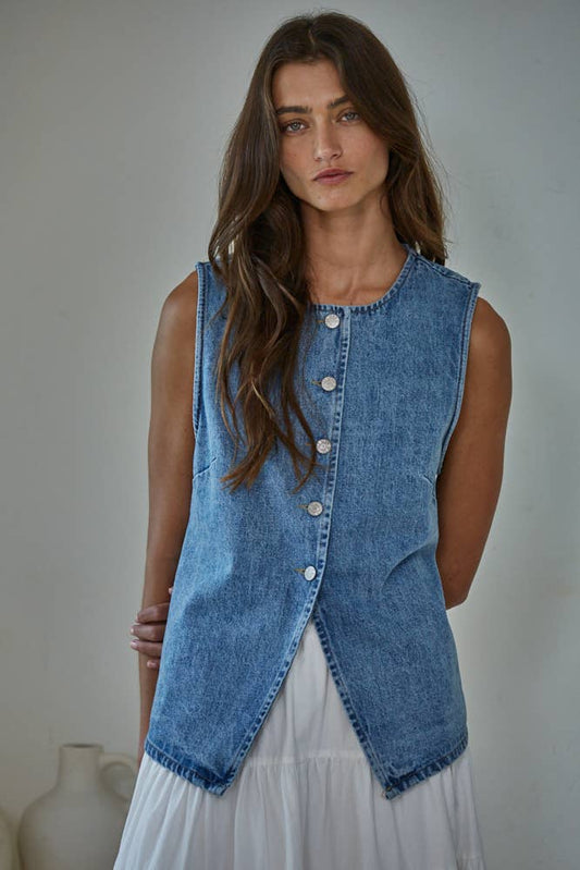 Cotton Button Down Vest Top - Denim