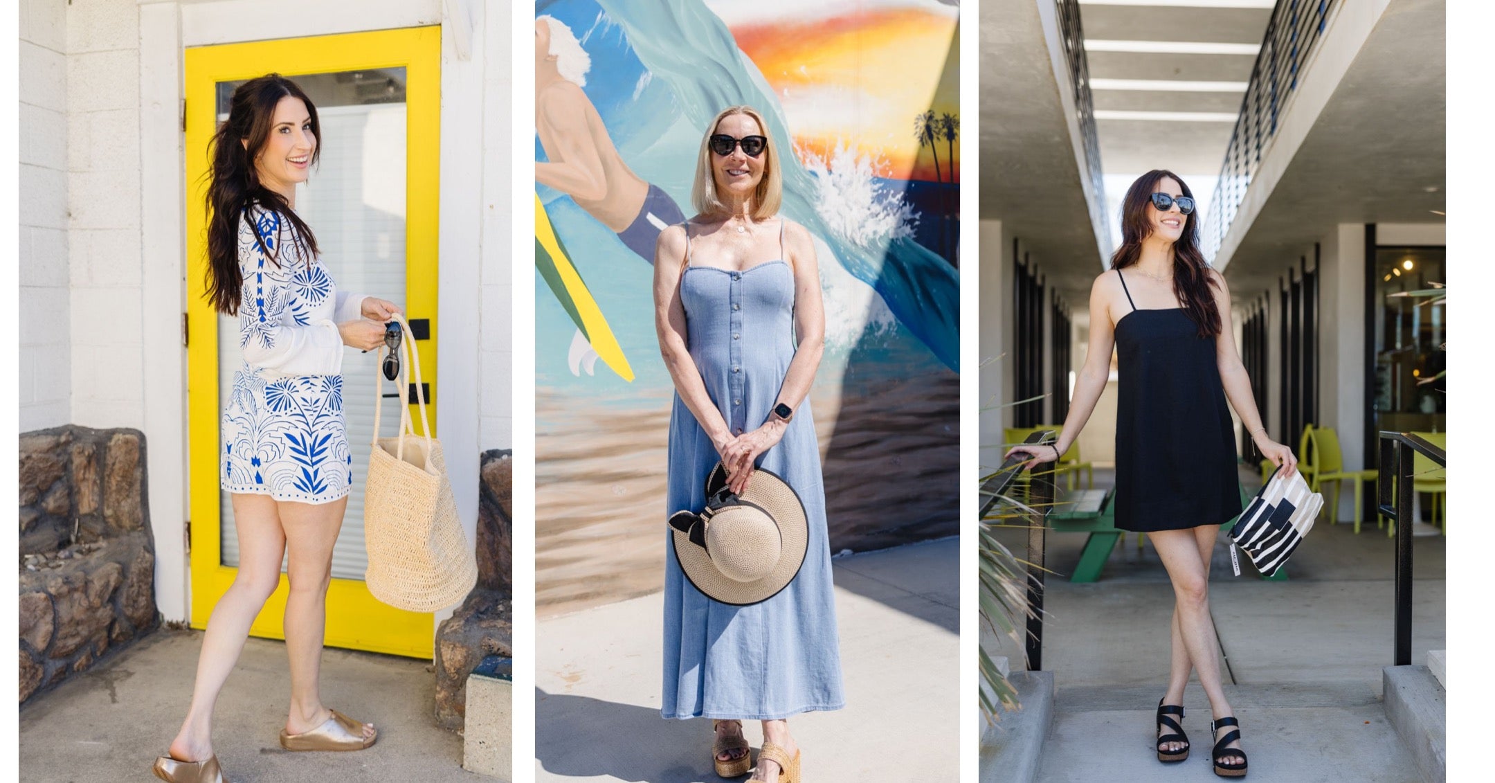Three women in different outfits standing in front of colorful backdrops.