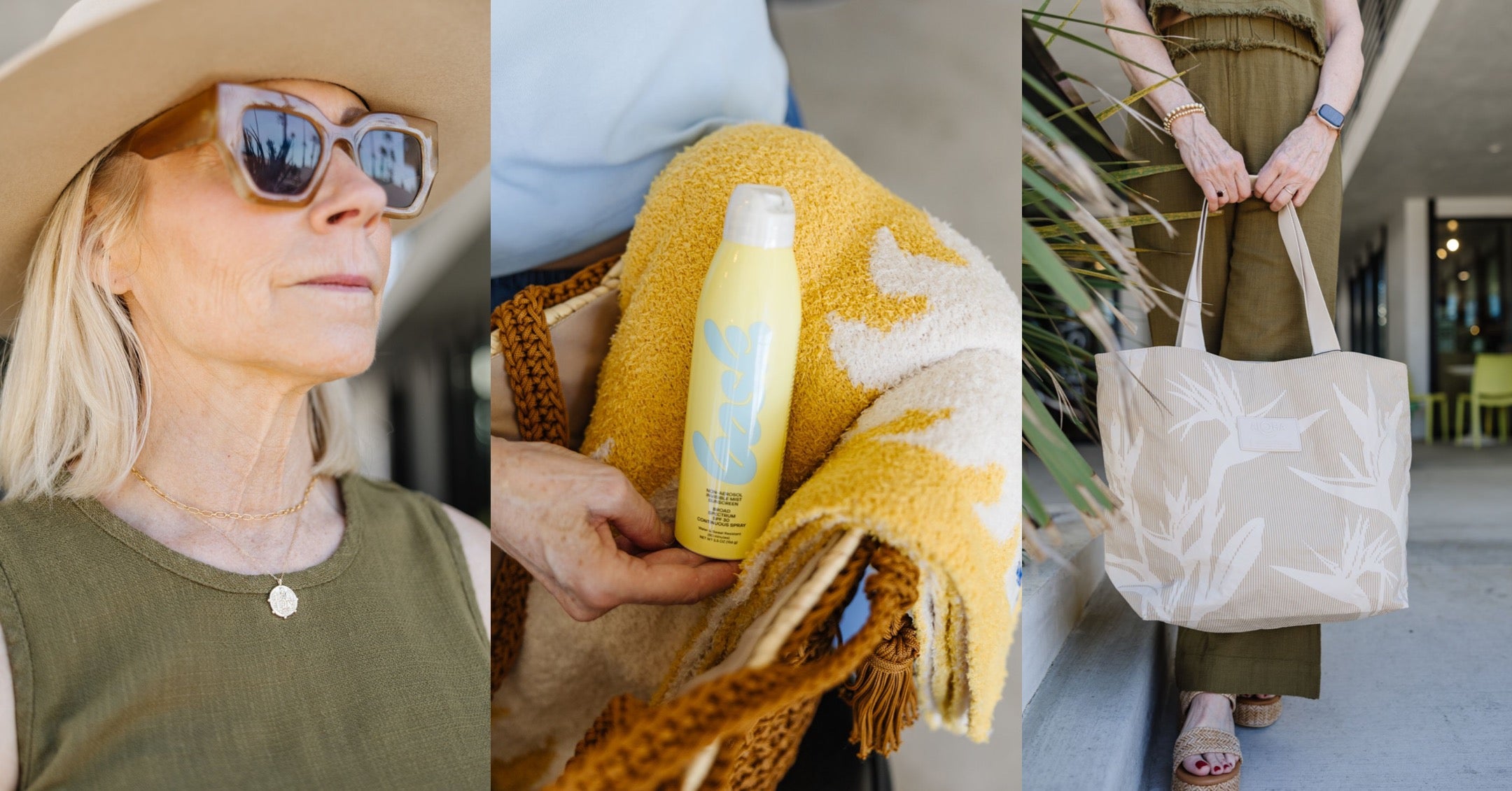 Collage of a woman wearing sunglasses, a bottle of sunscreen on a towel, and a person holding a tote bag.