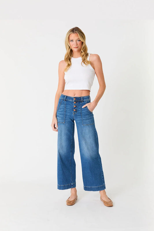 Camille Exposed Button Wide Leg Jean - Blue Story