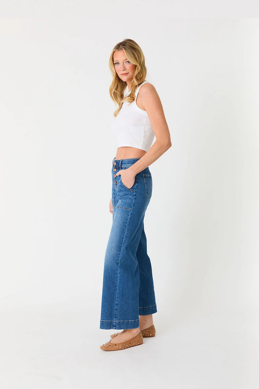 Camille Exposed Button Wide Leg Jean - Blue Story