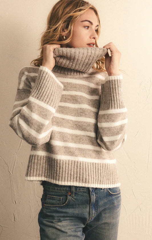 Josephine Stripe Roll Neck Sweater - Heather Taupe