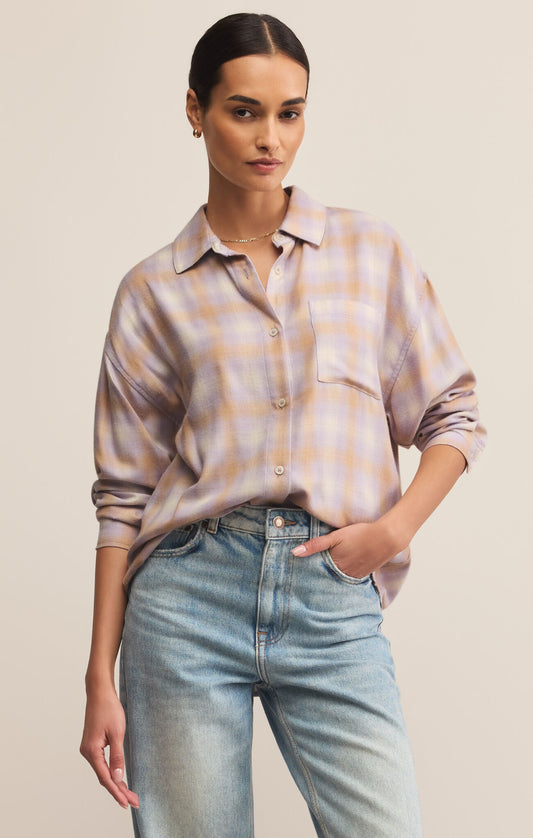 River Plaid Button Up - Lavender Ice
