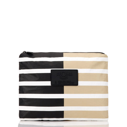 Striped pouch with black, beige, and white stripes on a white background
