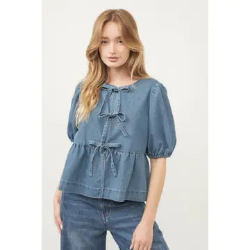 Poplin Front Bow Tie Blouse - Denim