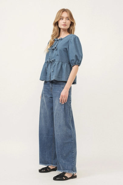 Poplin Front Bow Tie Blouse - Denim