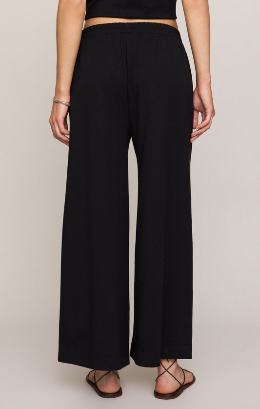 Person wearing black wide-leg pants on a plain background