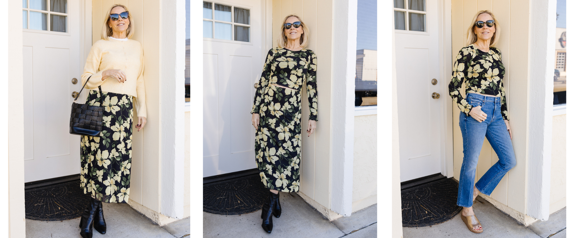 Three images of a woman in different outfits standing outside a building.