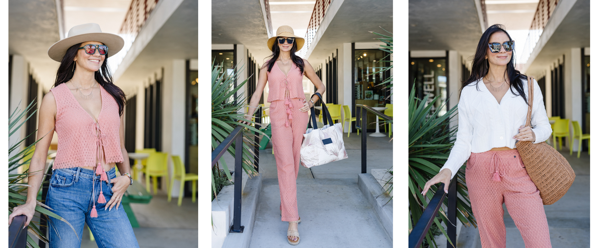 Three images of a woman in different outfits with a neutral background