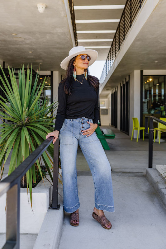 Camille Exposed Button Wide Leg Jean - Blue Story