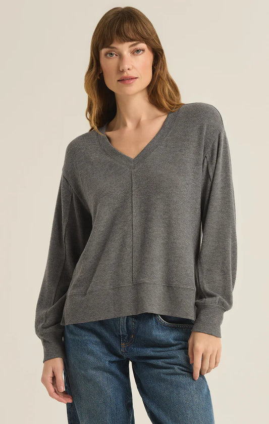 Wilder V-Neck Long Sleeve Top - Charcoal Heather