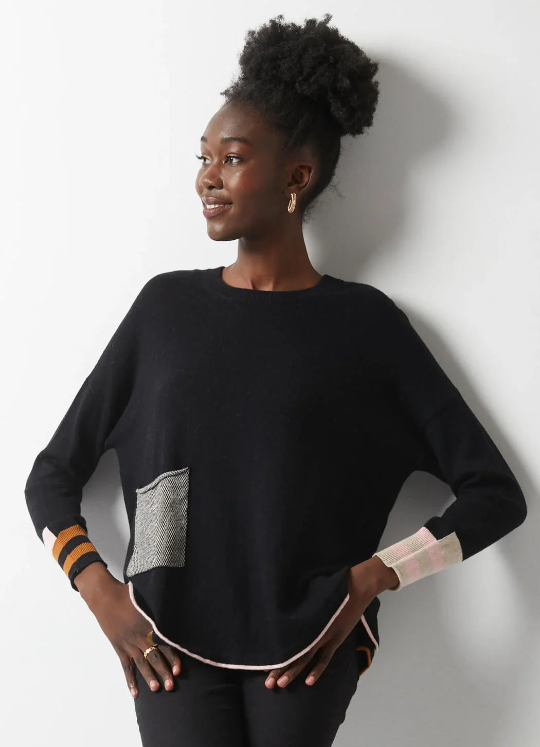 Stripe Back Birdseye Trim Sweater - Black