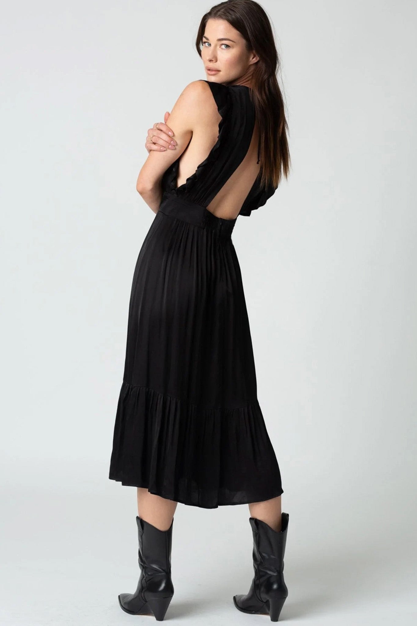 black midi dress with a deep v neckline
